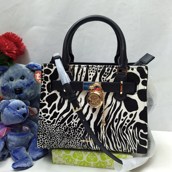 Michael Kors Hamilton Black Leather Zebra Printed Zipper Satchel Bag - NWT $558 - Picture 1 of 16